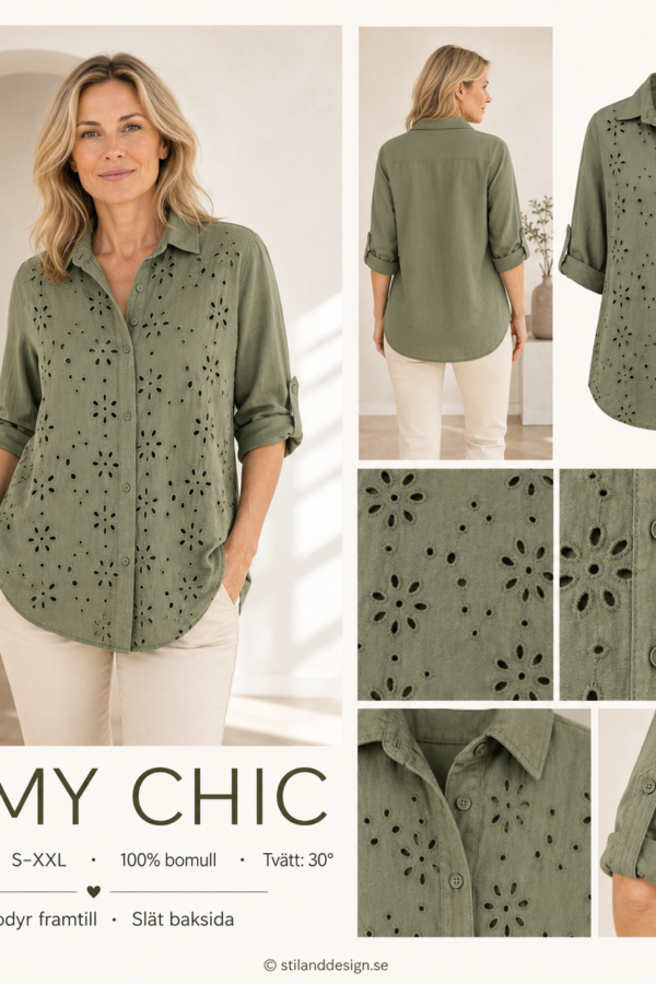 🌿 Army Chic – hålbroderad blus från Zabaione