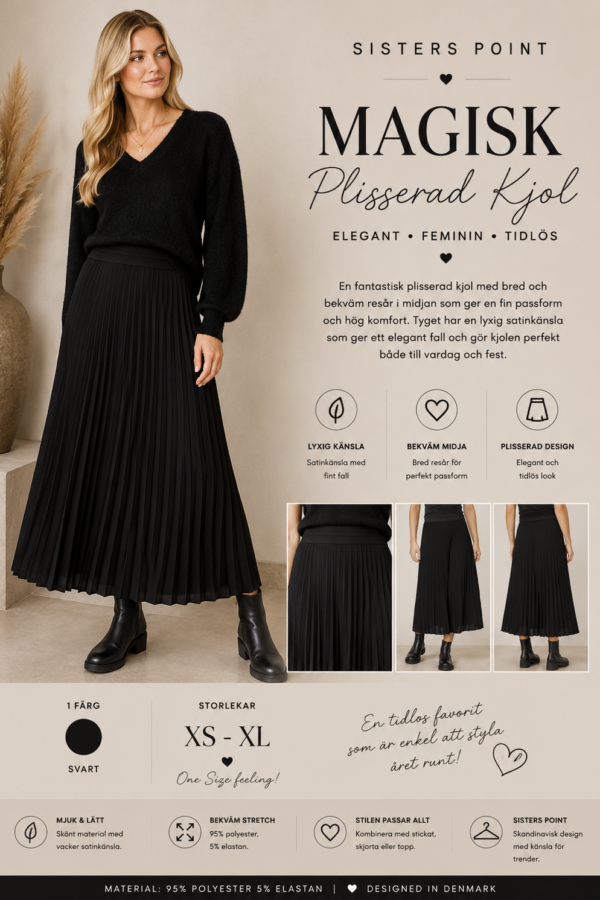 ✨ PLISSERAD MIDIKJOL FRÅN SISTERS POINT – SVART, STILREN & TIDLÖS ✨