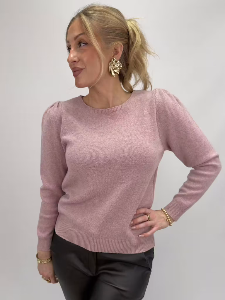Stickad puffärmströja i rosa
