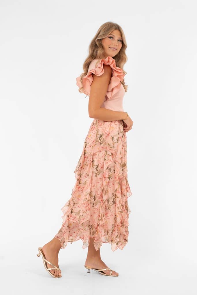 Blommig A-linjeformad kjol med volangkilar