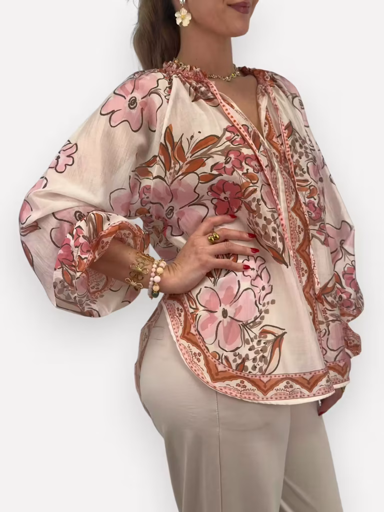 Rosablommig blus i tencel