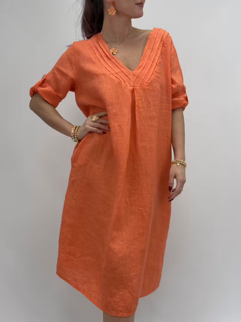 Linneklänning med v-ringning i orange