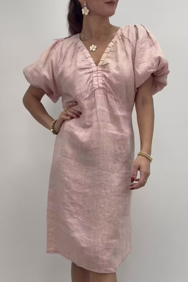 Linneklänning med puffärm i rosa