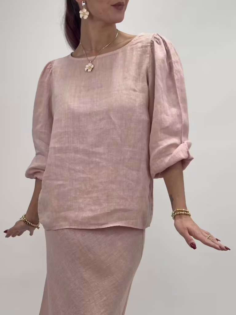 Linnetopp med puffärm i rosa