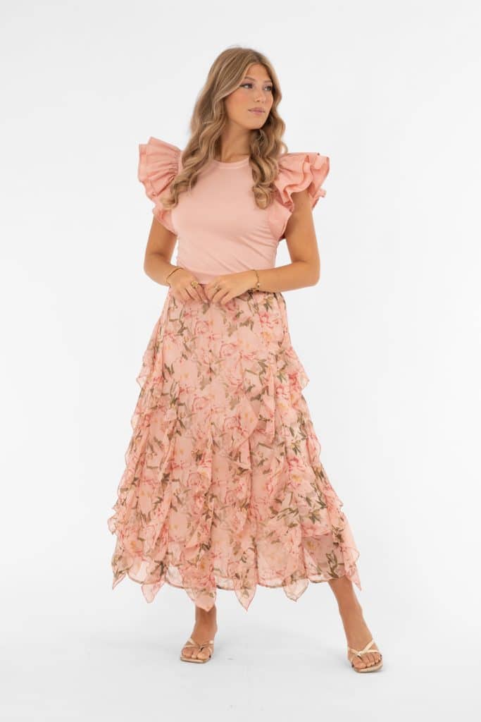 Blommig A-linjeformad kjol med volangkilar