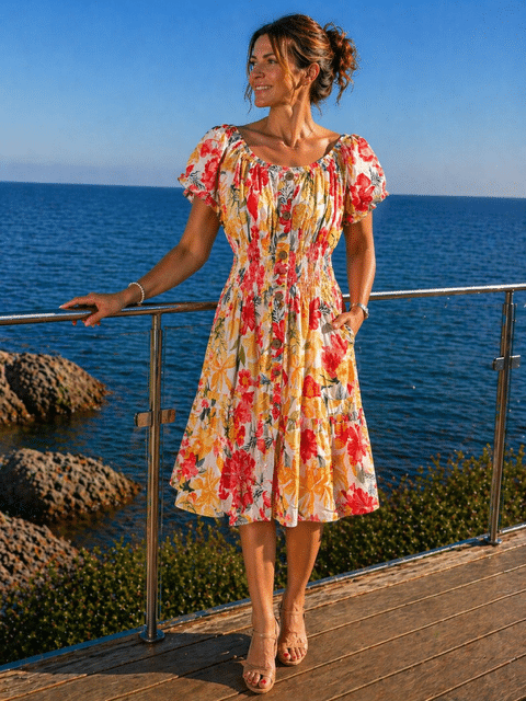 Kort klänning i mönstrad gul och rosa