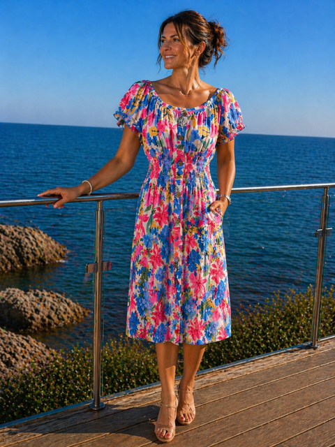 Härlig kort klänning i mönstrad blå och rosa