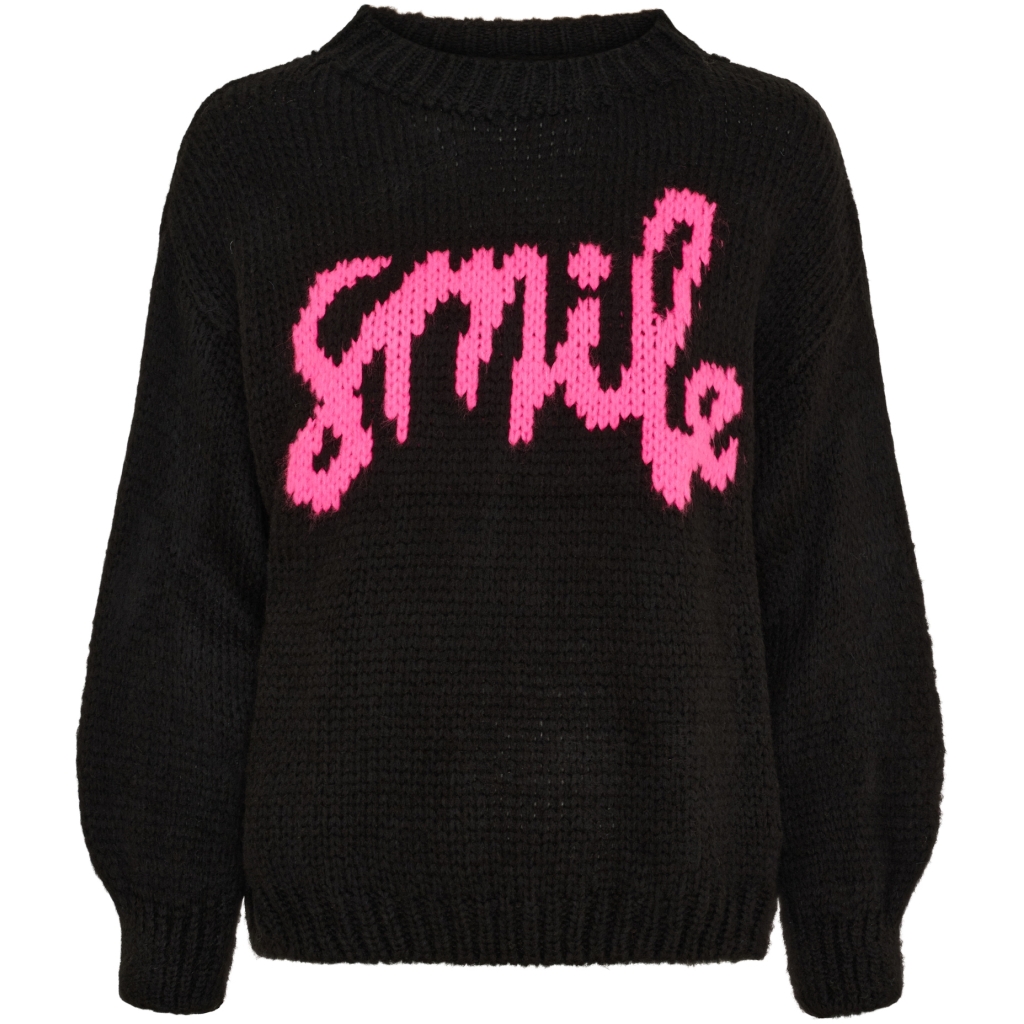 Grovstickad tröja i svart med SMILE tryck i rosa