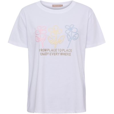 Vit t-shirt med blomma i rosa,gult och blått