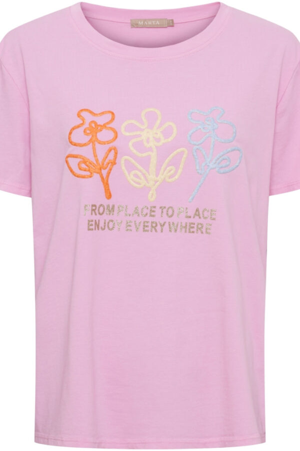 Rosa T-shirt med blommor i orange,gul och blå