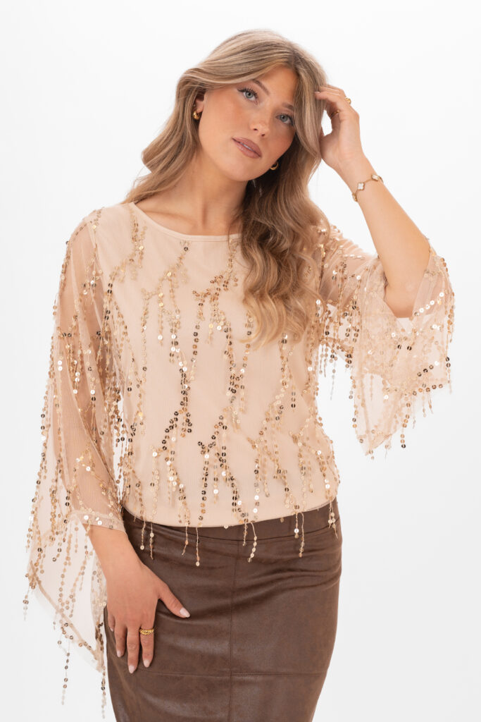 Festlig blus i skir mesh med paljetter i champagne