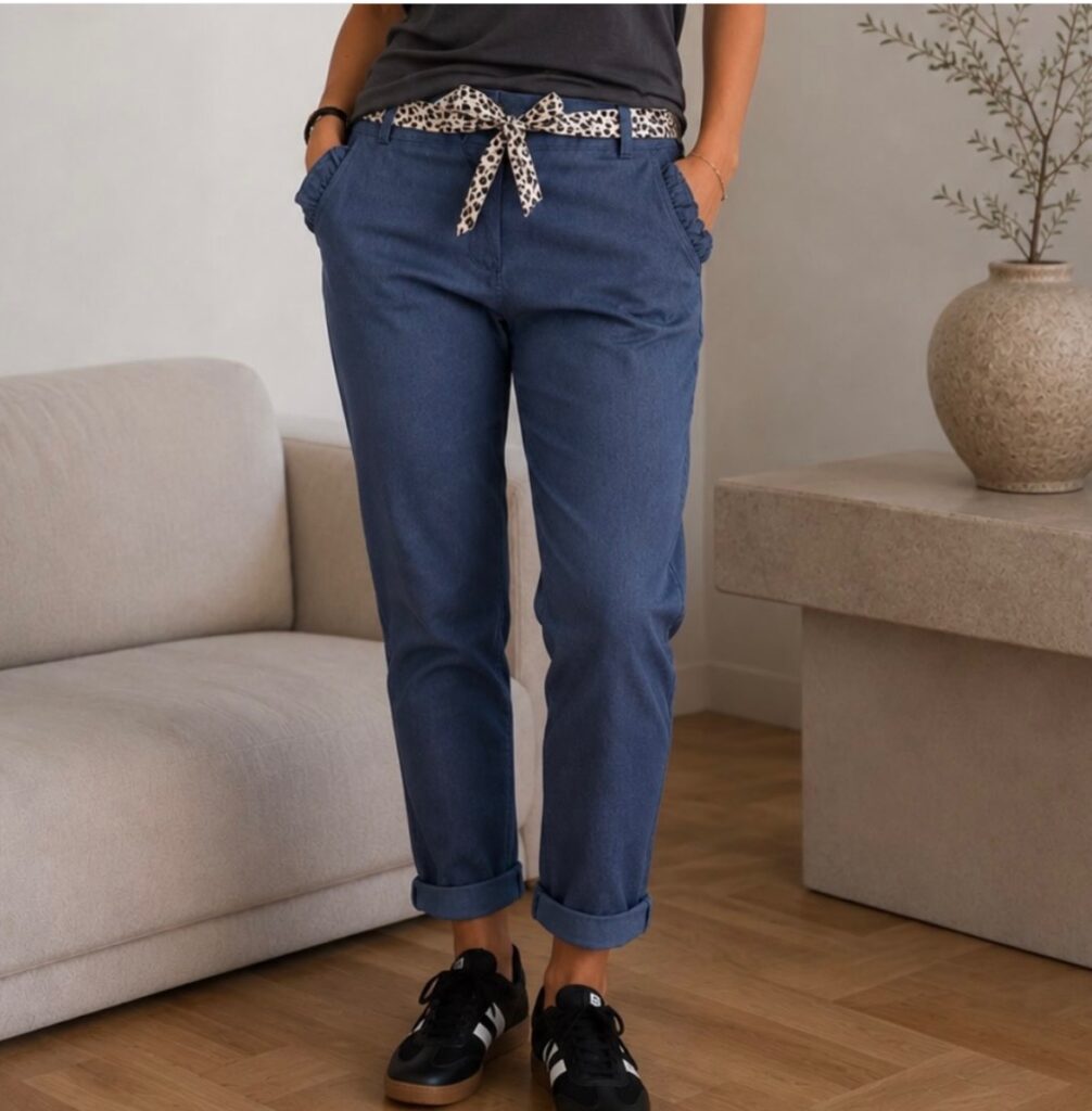 Stretchbyxor med volangficka i jeansblått