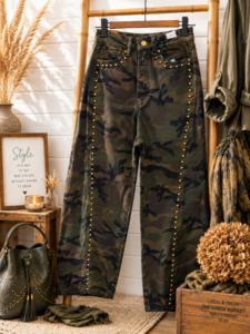 🌿 Armygröna barreljeans i camouflage med guldsnitar ✨(EJ BYTE,RETURRÄTT)