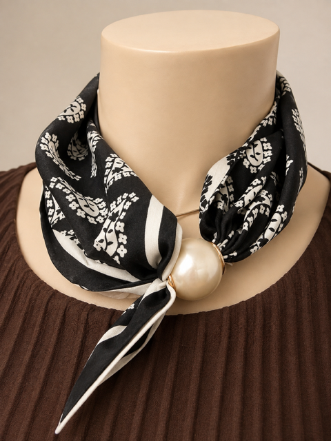 satinscarf med magnetpärla mönstrad svart/creme