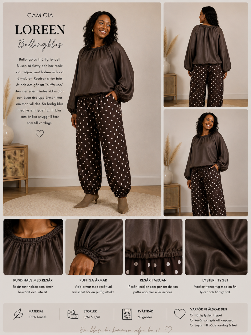 ✨ LOREEN BLUS FRÅN CAMICIA – FLOWY, GLANSIG & FULL AV VOLYM ✨(EJ BYTE/RETURRÄTT)