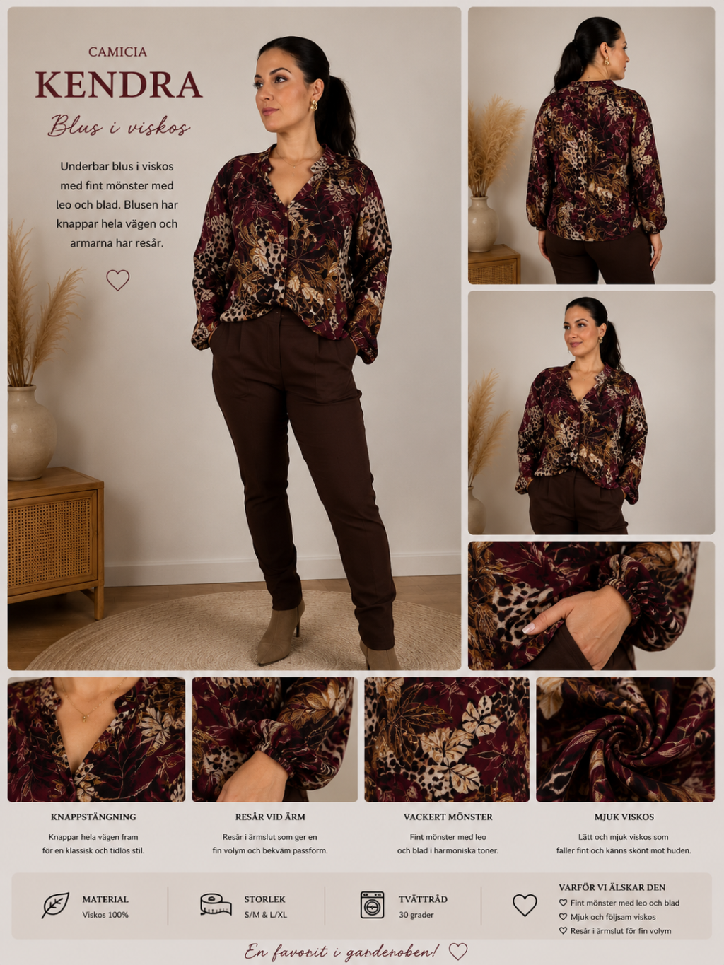 ✨ KENDRA BLUS FRÅN CAMICIA – LEOPRINT, BLAD & MASSOR AV STIL ✨(EJ BYTE / RETURRÄTT)