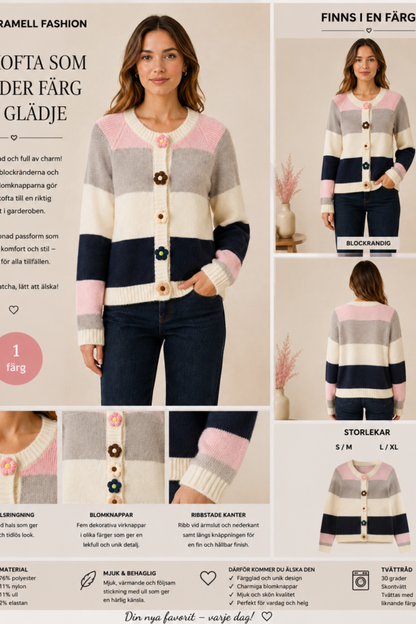 🌸 Blockrandig kofta med blomknappar från Caramell Fashion