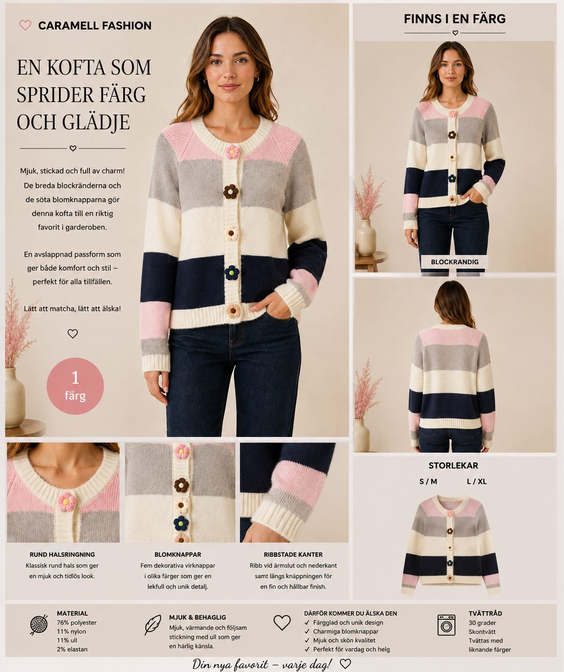 🌸 Blockrandig kofta med blomknappar från Caramell Fashion