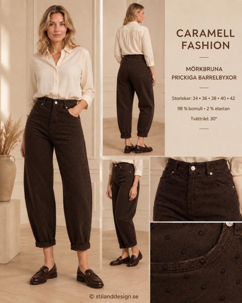 ✨ MÖRKBRUNA PRICKIGA BARRELBYXOR FRÅN CARAMELL FASHION – MODERNA, BEKVÄMA & UNIKA ✨(EJ BYTE,RETURRÄTT)