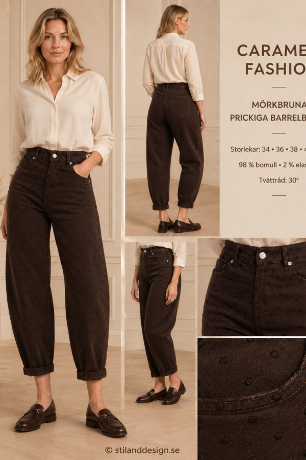 ✨ MÖRKBRUNA PRICKIGA BARRELBYXOR FRÅN CARAMELL FASHION – MODERNA, BEKVÄMA & UNIKA ✨