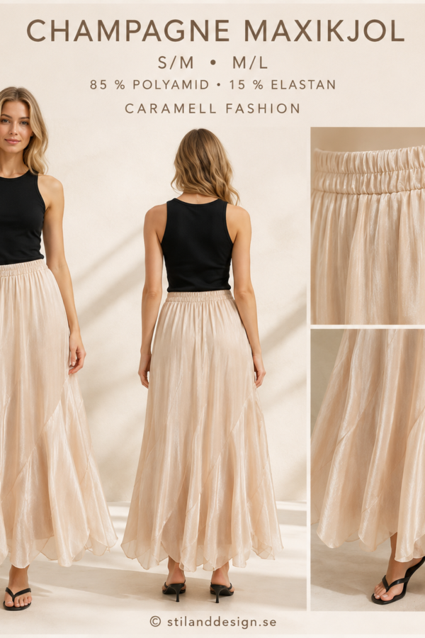✨ CHAMPAGNEFÄRGAD MAXIKJOL FRÅN CARAMELL FASHION – BÖLJANDE, ELEGANT & FEMININ ✨
