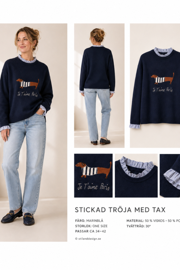 Härlig stickad tröja i marin med en tax