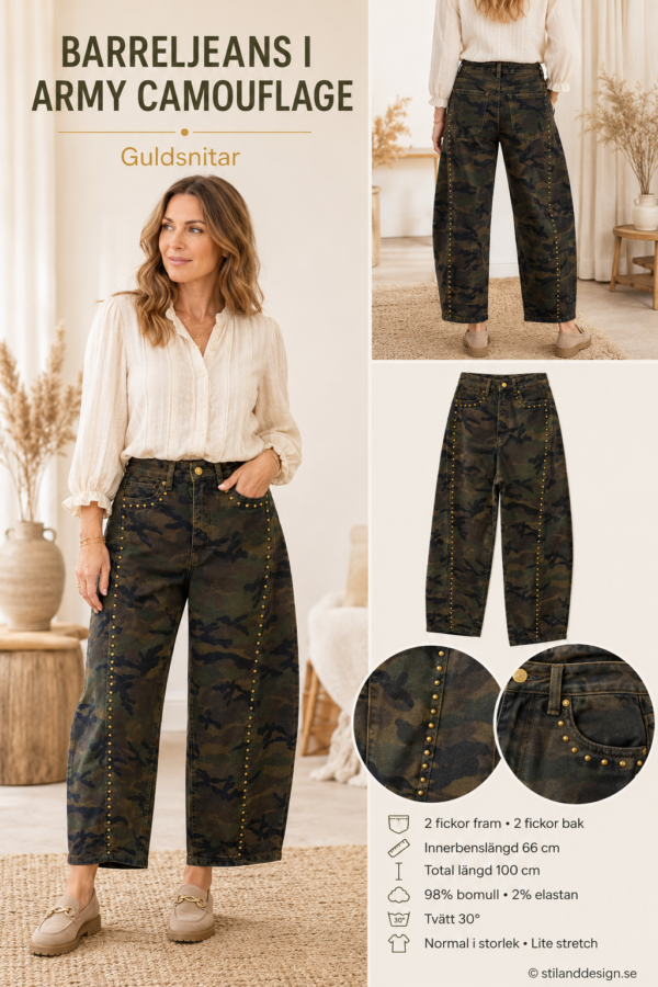 Fräcka barreljeans i armygrön camouflage