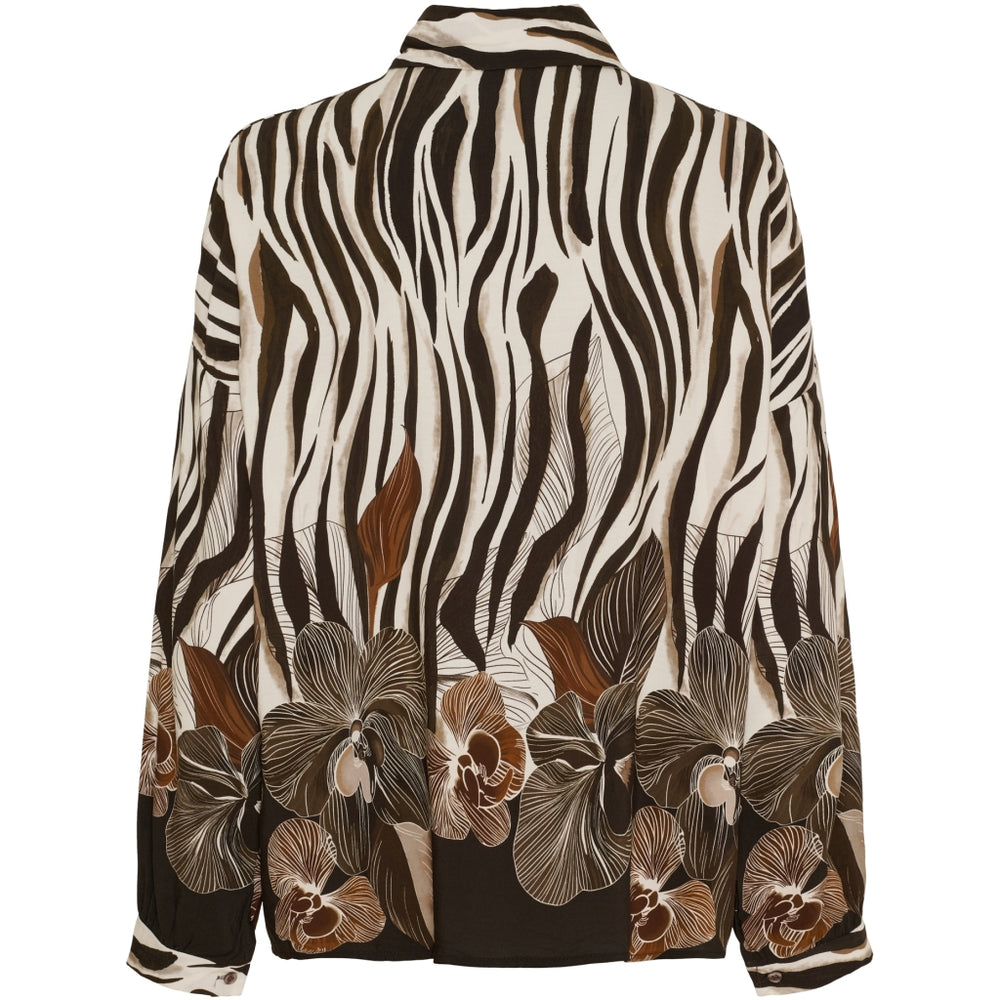 Fin mönstrad blus i zebra och blommönster i chokladbrunt