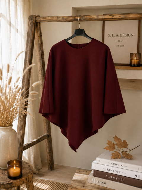 ✨ ASYMMETRISK PONCHOTOPP FRÅN ZABAIONE – ELEGANT, LUFTIG & SMICKRANDE I VINRÖTT(EJ BYTE/RETURRÄTT)