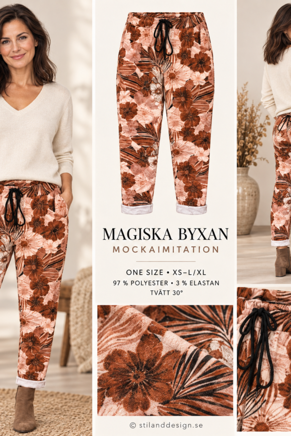Magiska byxor i kamel i moccaimitation