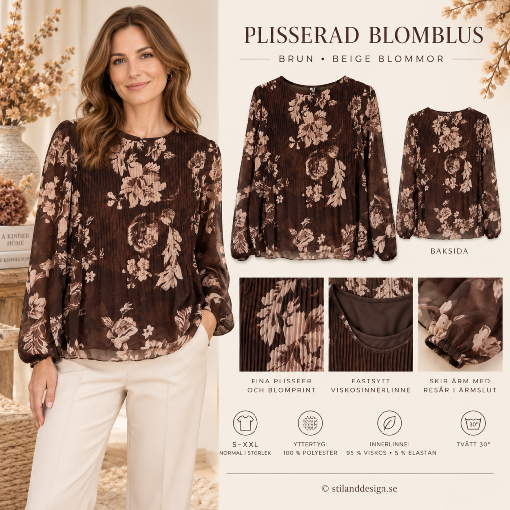 🤎 Autumn Bloom – plisserad blus med beiga blommor