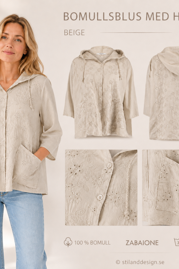🤍 Boho Chic – broderad bomullsblus med hätta från Zabaione