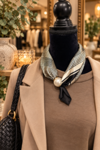 Elegant satinscarfs med magnetpärla randig i creme/svart