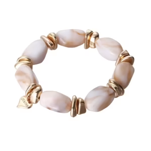 Coolt armband med fräck design med beigemelerade plastkulor och hjärtan i guld