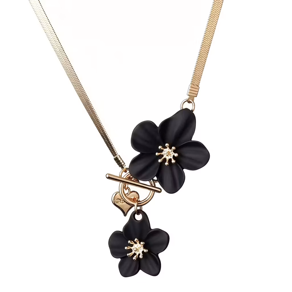 Kort halsband i guldkedja med dekorativa blommor i svart