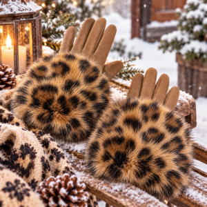 🐆 Vinterchica handskar med leopardmönstrad pälskant ✨