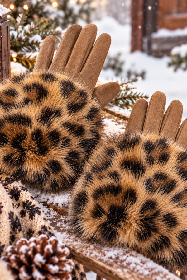 🐆 Vinterchica handskar med leopardmönstrad pälskant ✨