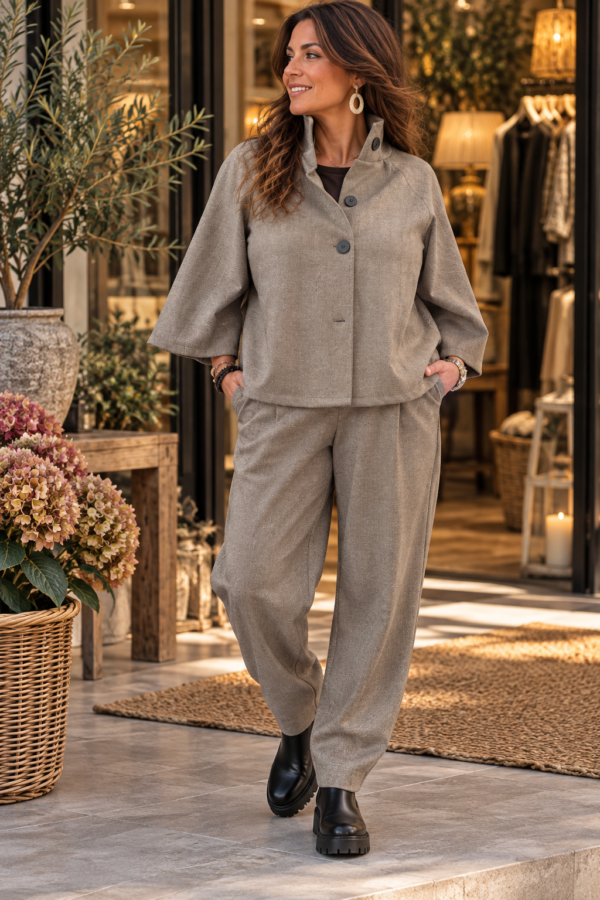 🤍 Aka – trendig beige ponchojacka med knappar